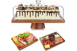 HouseJoy Acacia Wood Cake Stand with Lid-Extra Large 17" Rectangular Cake Holder,2-in-1 Dessert Table Display Set & Charcuter