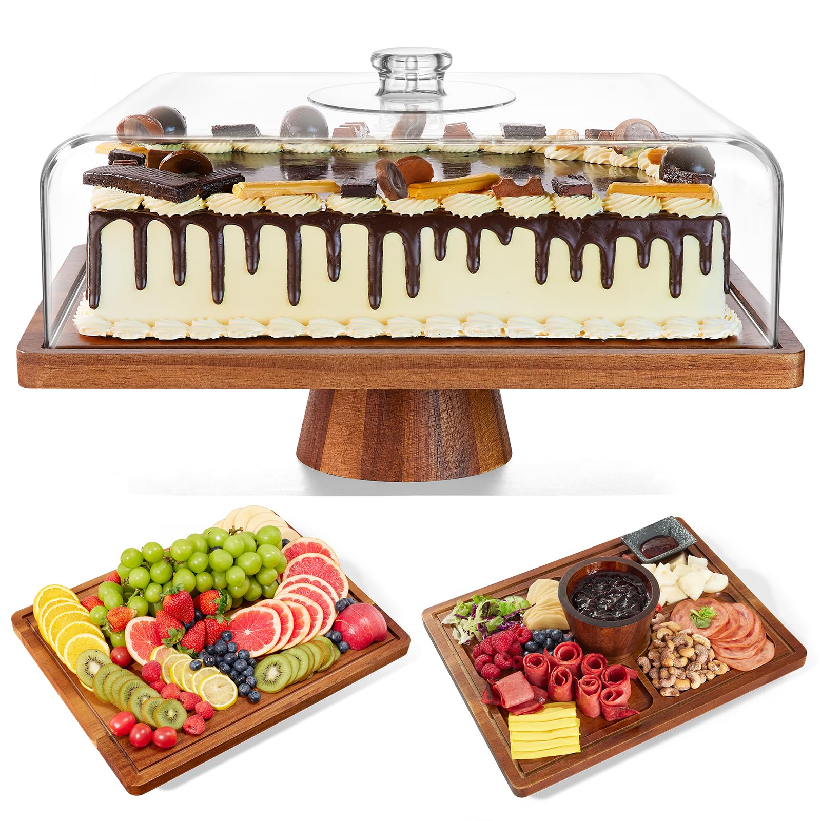 Photo 1 of HouseJoy Acacia Wood Cake Stand with Lid-Extra Large 17" Rectangular Cake Holder,2-in-1 Dessert Table Display Set & Charcuterie Board,Acrylic Cake Dome Cover for Cheese/Veggie/Desert /Chips & Dip