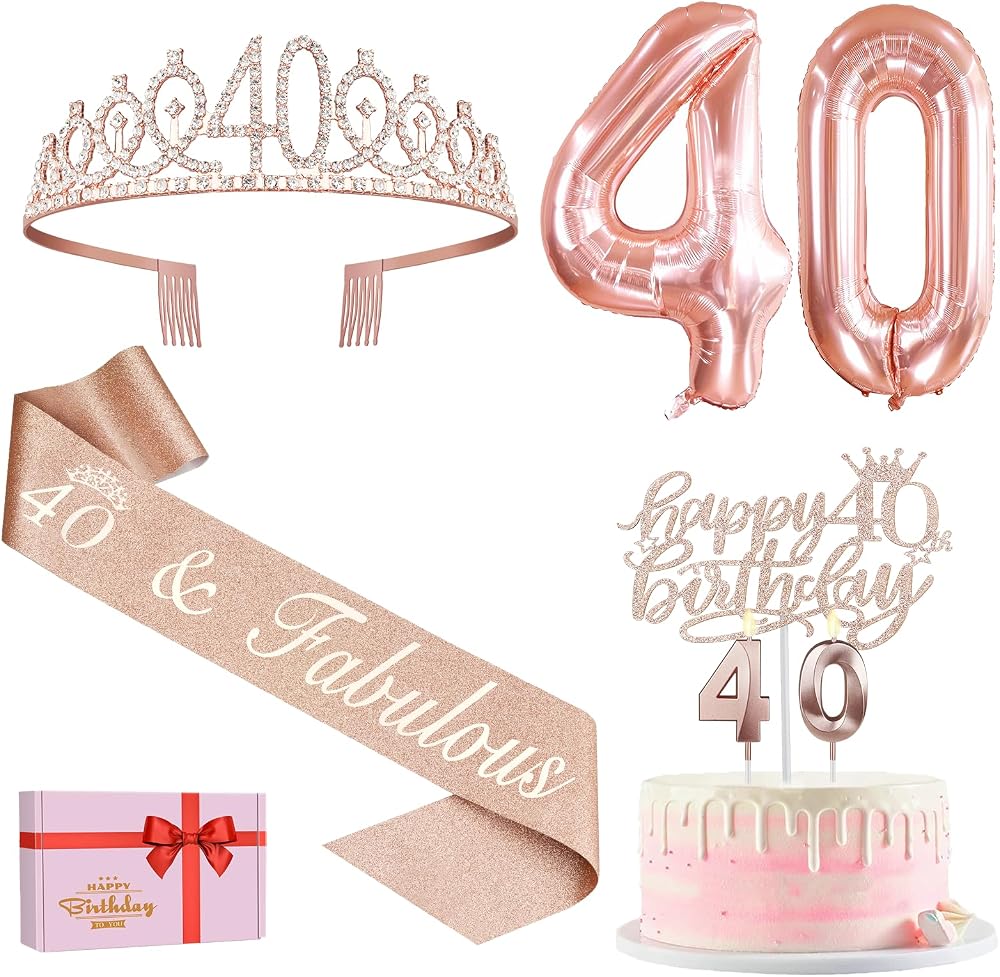 Amosking 40th Birthday Decorations for Women Sash Tiara Cake Topper Balloons