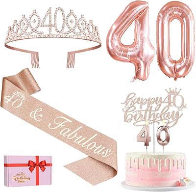 Amosking 40th Birthday Decorations for Women Sash Tiara Cake Topper Balloons