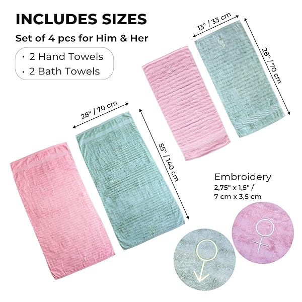 HIS AND HERS TOWELS SET FOR COUPLES – 4-PIECE BATH TOWEL FOR COUPLES, PINK & GREEN WITH MARS & VENUS EMBROIDERY – SOFT BAMBOO BLEND COUPLE BATH TOWEL GIFT
