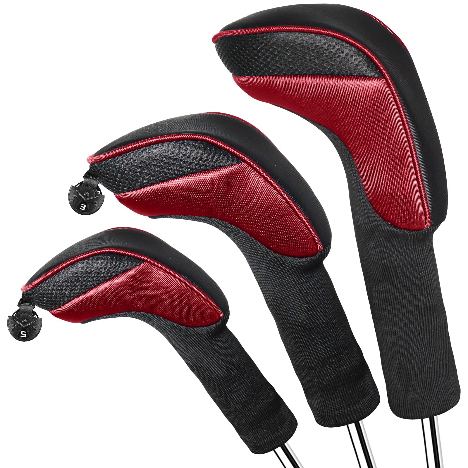 Golf Woods Club Head Covers 3/4 Set With Gift Box, Golf Head Covers 1 3 5 7 X With Interchangeable Number Tag for Men Women Fit All Wood Clubs (Red-3 pack (Driver+Fairway+Hybrid))