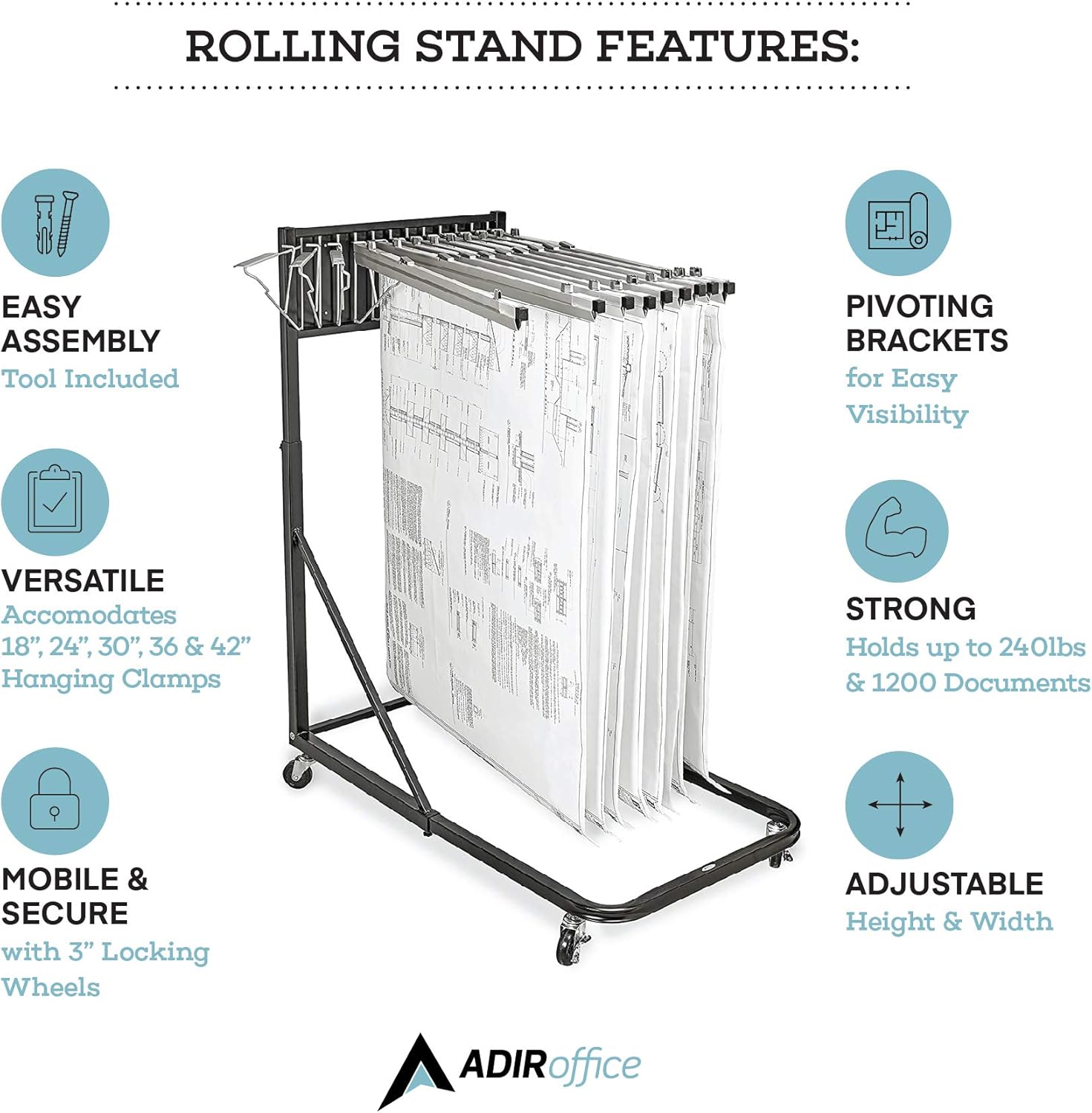 Adir Corp. Mobile Blueprint Storage - Vertical Poster Display Rack and Plans Holder - File Organizer Stand for Home, Office (Black) : Office Products