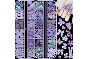 editTime 2 boxes 3D Mixed Nail Art Charms Kit, Big Resin Camellia Rose Mini Flower Butterfly Bow Moon Heart Star Bear Snake Crown Rabbit Nail Charm with Metal Nail Chain (Purple)
