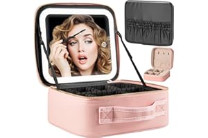 Extrei Gent Makeup Travel Train Case with Mirror LED Light 3 Adjustable Brightness Cosmetic Bag Portable Storage Adjustable Partition Waterproof Makeup Brushes Makeup Jewelry Gift for Women