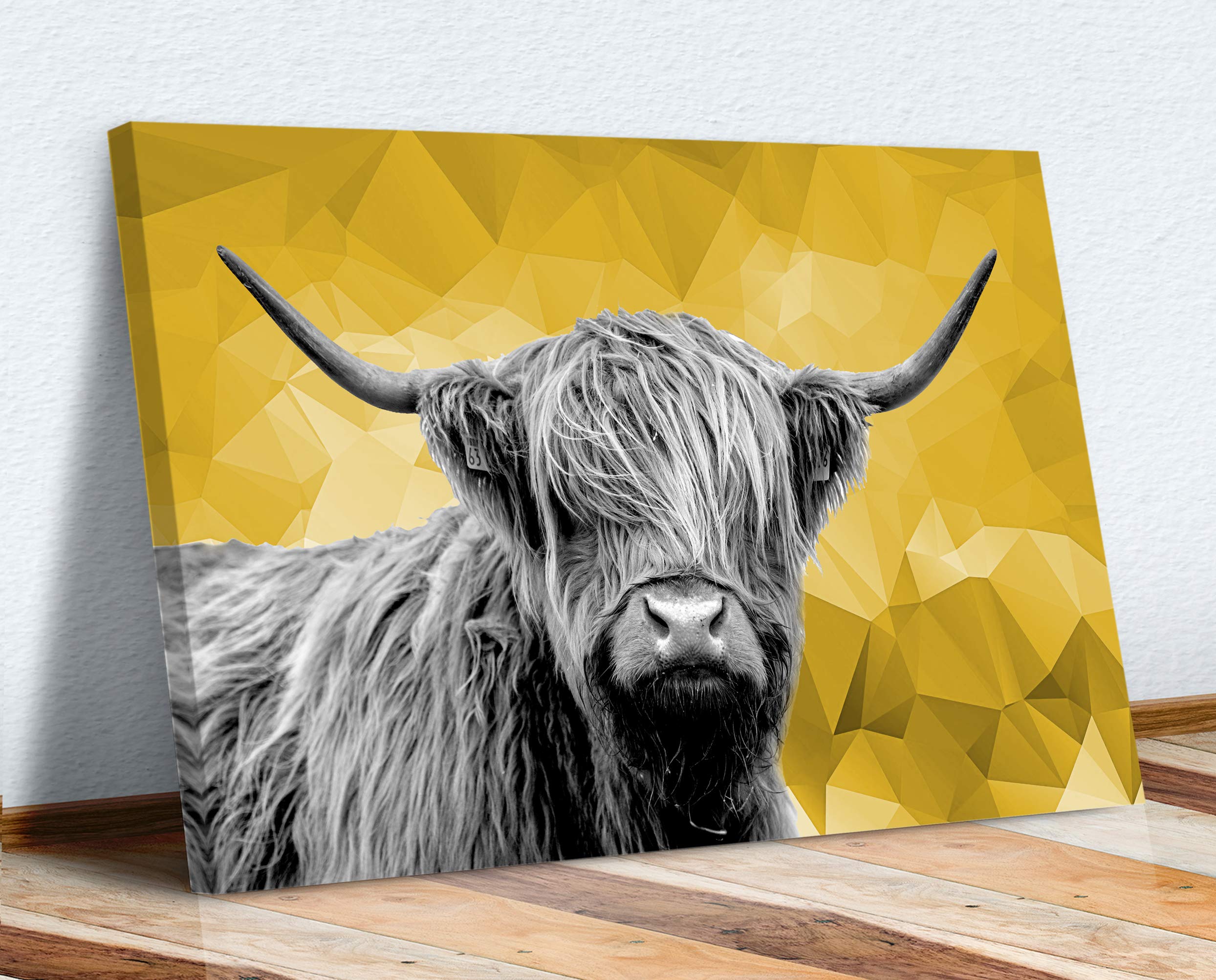 HIGHLAND COW BLACK AND WHITE YELLOW GEO BACK CANVAS WALL ART PRINT ARTWORK (18in x 12in / 45cm x 30cm)