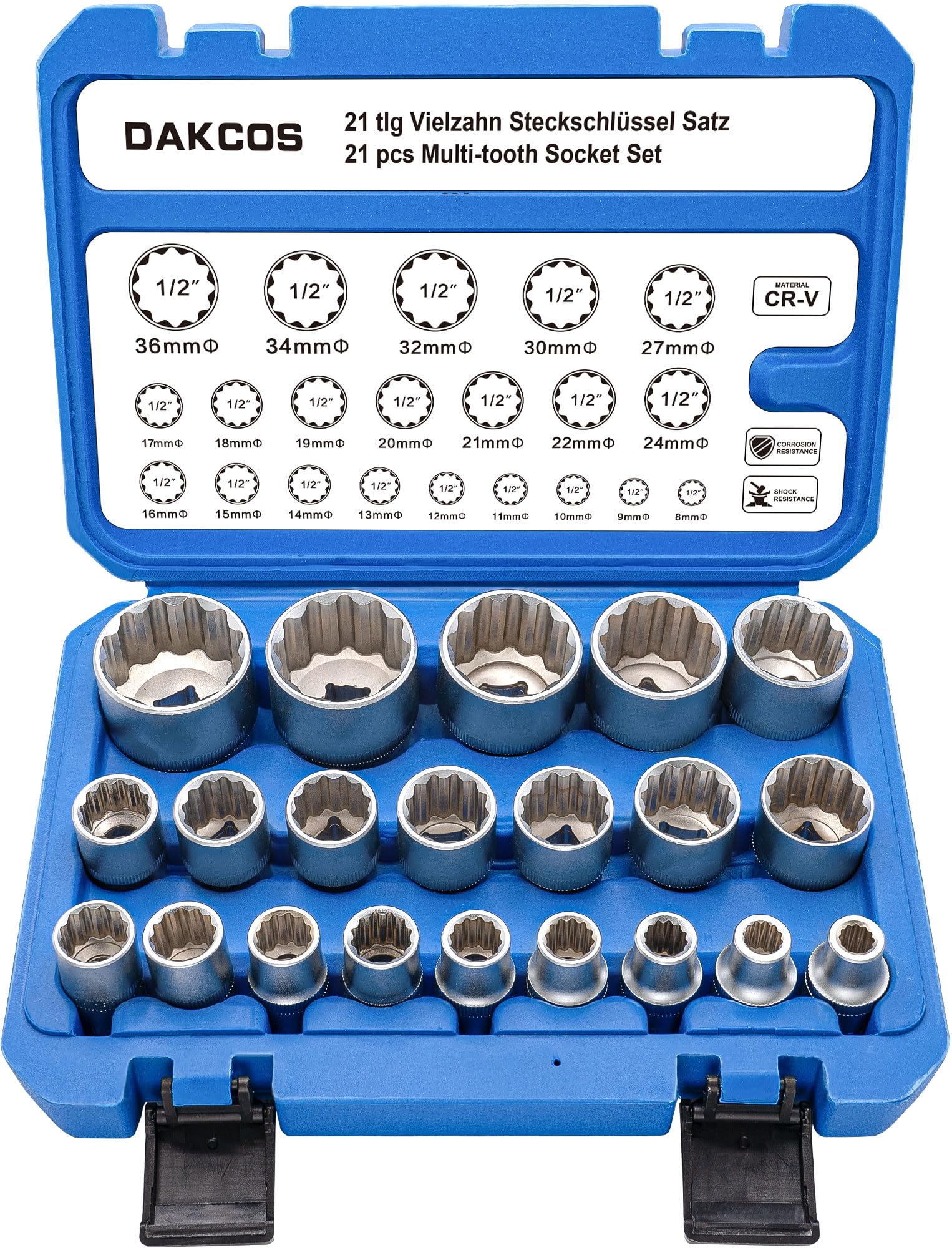 DAKCOS 21pcs Spline Socket Set 1/2’ Multi-Tooth Socket Set 12-Point Socket Spanner Set, Metric 8-36mm External Multi-Tooth Socket, CR-V, Mat Chrome Finis