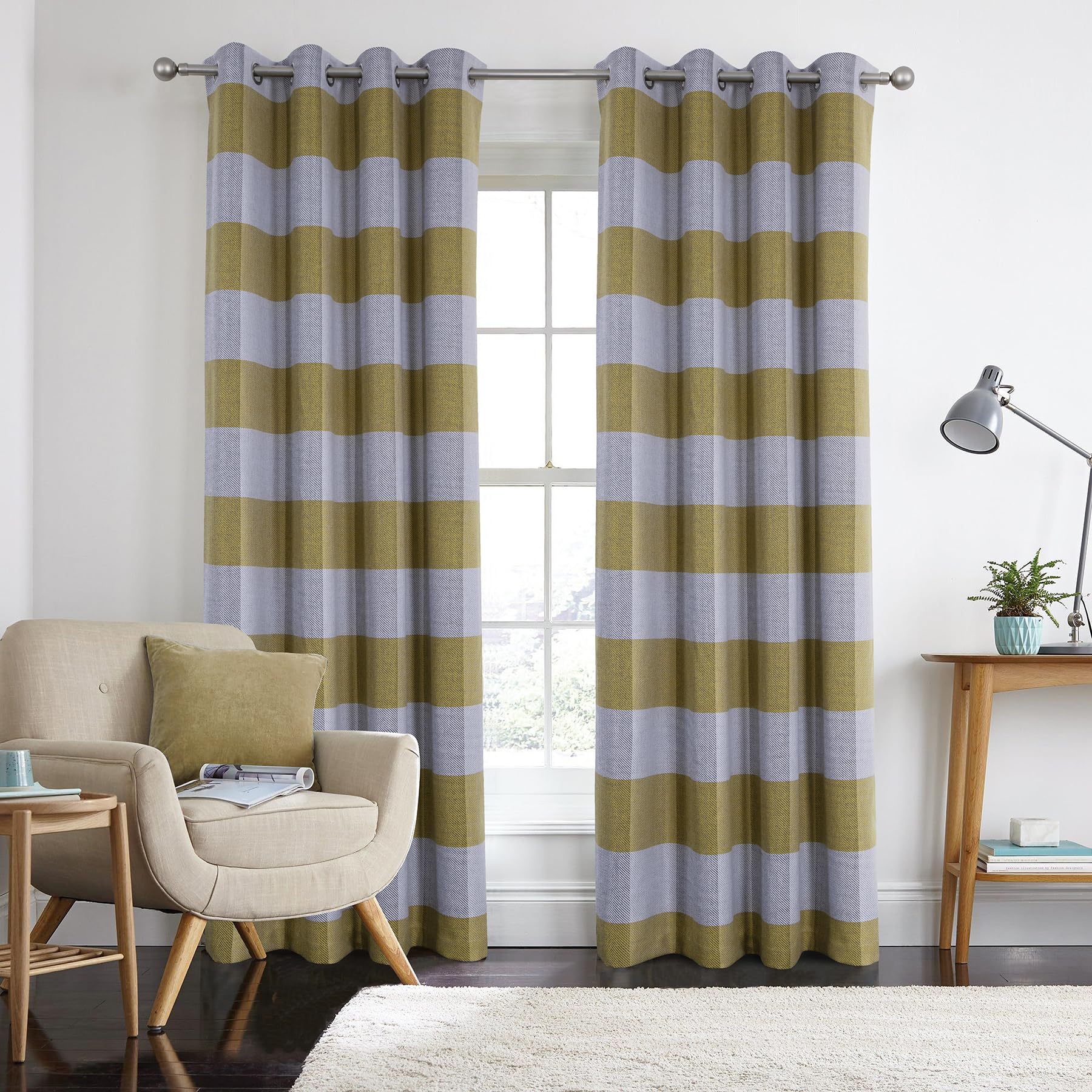 always4u 100% Blackout Curtains Check Eyelet Curtain for Bedroom Tartan Plaid Woven Brushed Cheque Pair of Highland Woolen Look Window Treatment for Living Room Yellow 46 * 54 Inches
