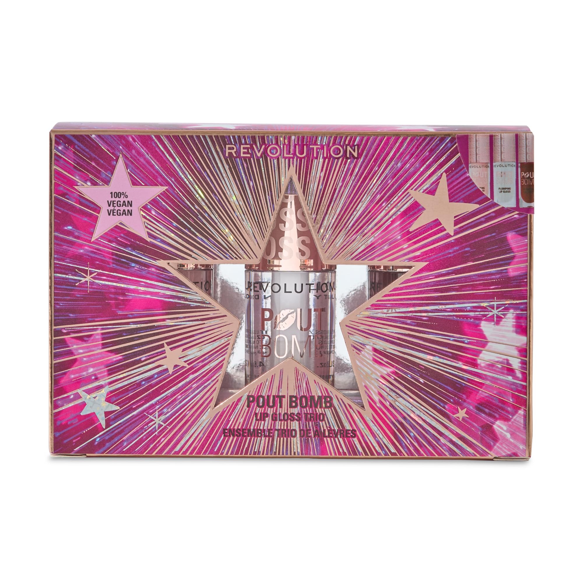 Revolution Pout Bomb Plumping Lip Gloss Trio Gift Set, 3 Full-Size Glosses with Hyaluronic Acid & Peptides, Vegan & Cruelty-Free