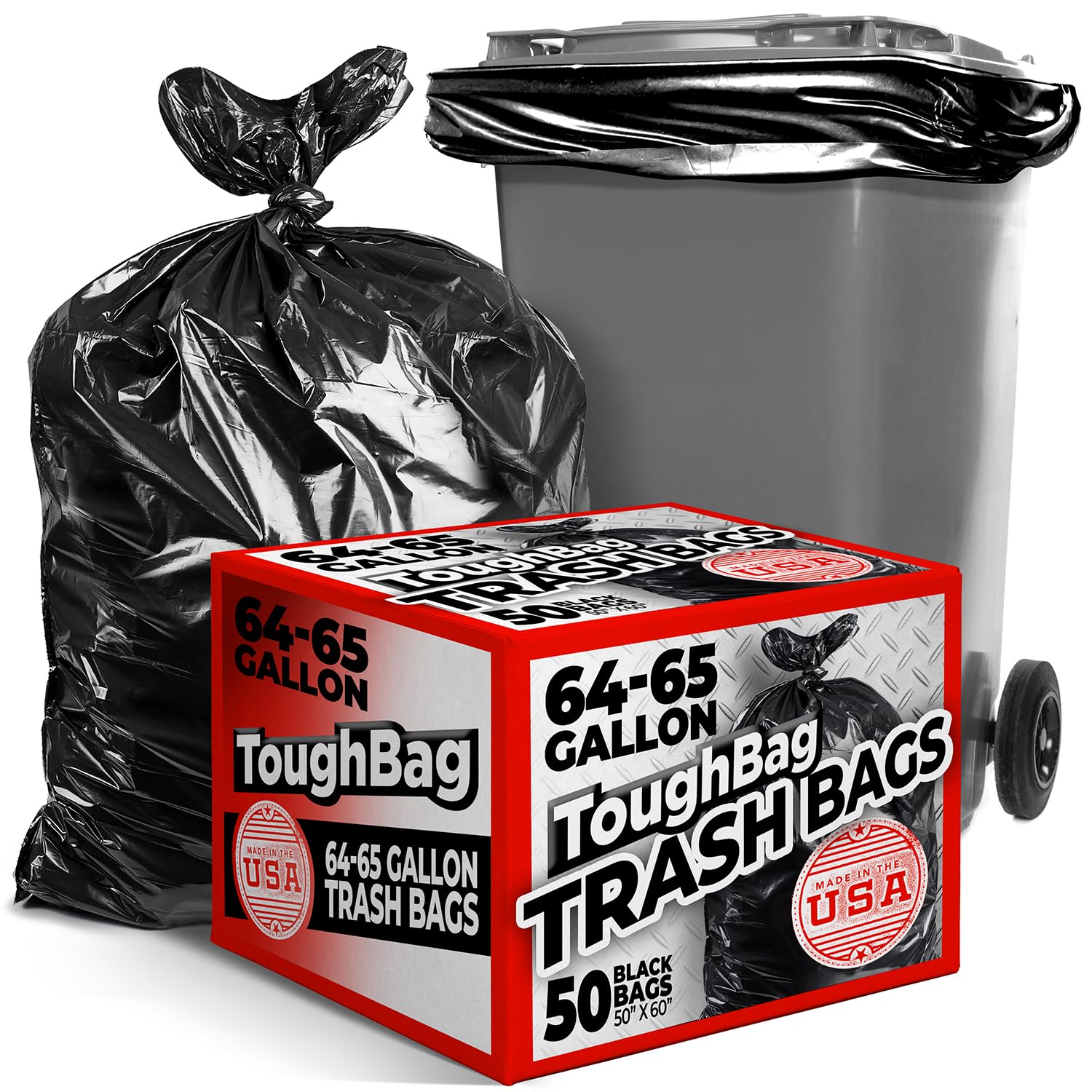Photo 1 of ToughBag 64-65 Gallon Trash Bags, 50x60" Large Black Can Liners (50 Count) Heavy Duty – Made in USA