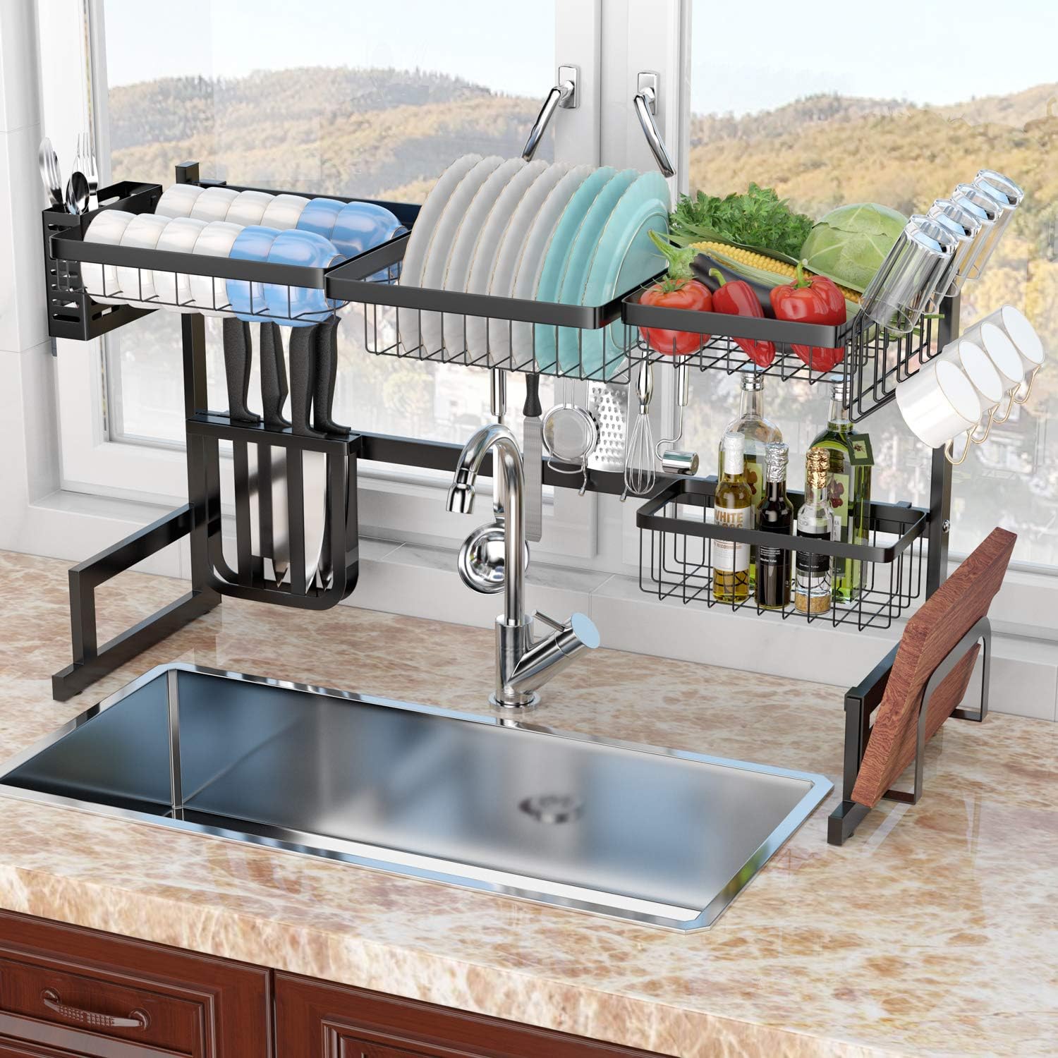 SR SUN RISE Over Sink 32.48 Inch Dish Drying Rack, Drainer Shelf for Kitchen Supplies Storage Counter Organizer Utensils Holder Stainless Steel Display, Strong and Easy Assembly - Matte Black