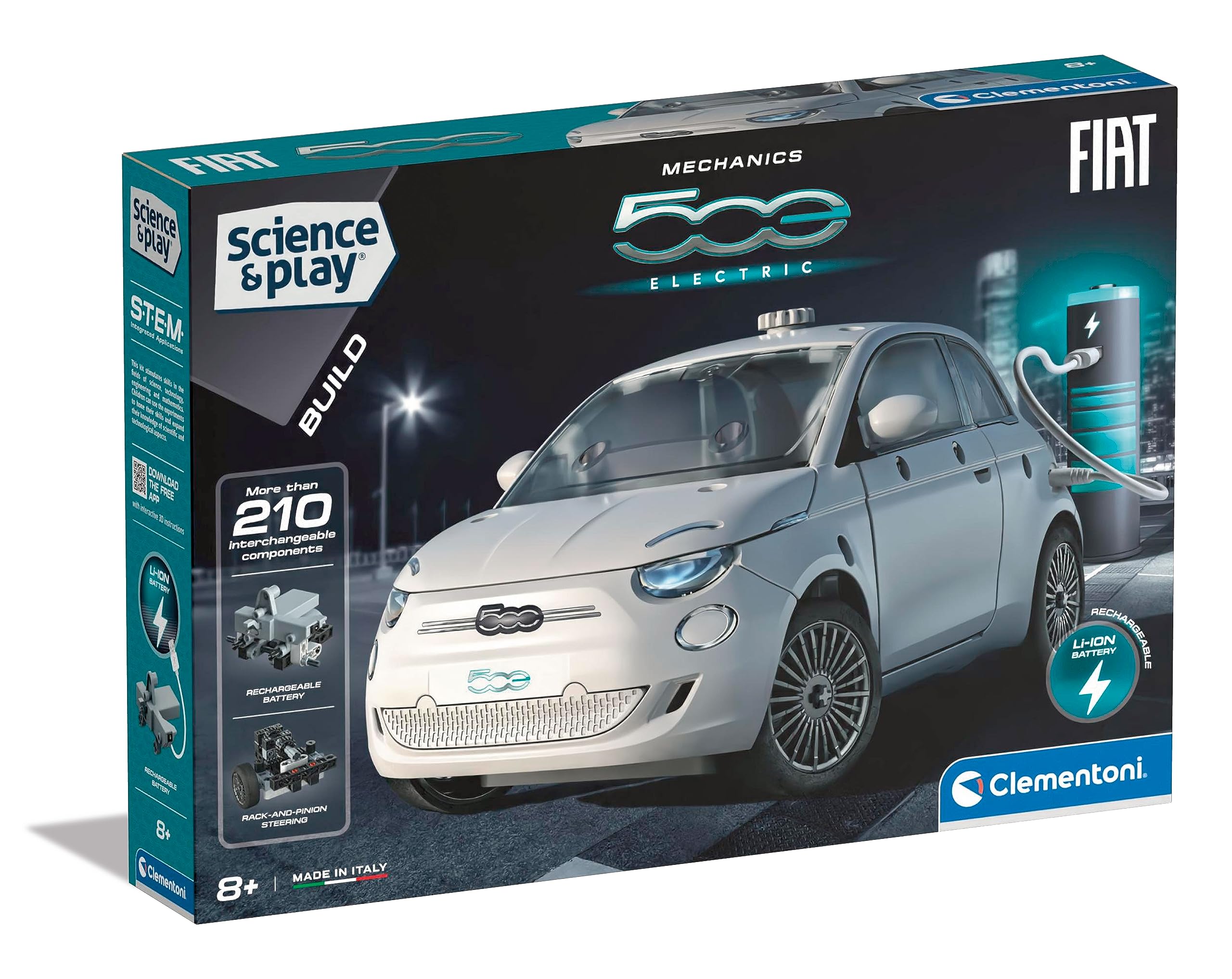 Clementoni- Fiat 500 Electric Car: Building Set for Kids, Mechanics, Science Kit, STEM Toy With Rechargeable Battery(8+ Years)