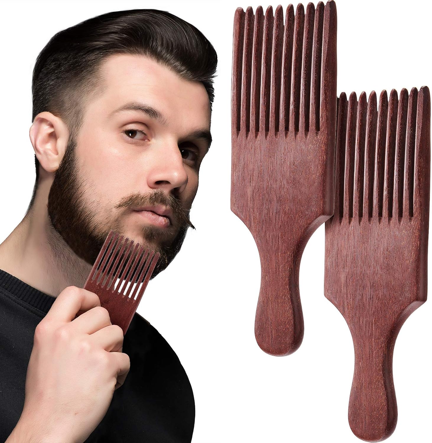 2 Pieces Wooden Beard Comb Wood Hair Pick Comb Beard Pick Comb Wooden