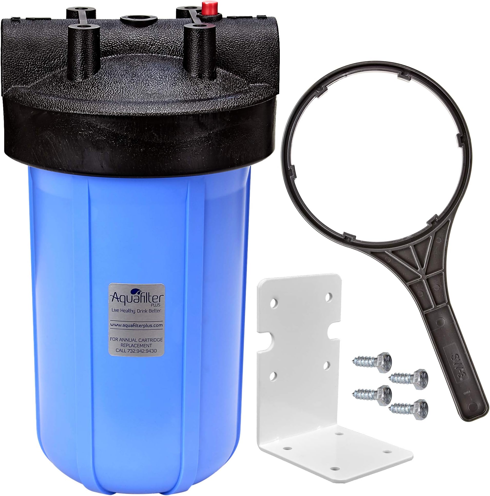 Aqua Filter PlusWhole House Water Filtration For Use With Sediment or Carbon Block Filter Cartridges – 10" Big Blue Housing and Mounting Kit With Housing Wrench, No Filter Cartridge Included