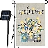 Mixweer Solar Winter Double Sided Mason Jar Garden Flag 12 x 18 Inch 22 Led 8 Lighting Modes Solar Double Sided Hello Winter Garden Flag Yard Turkey Farmhouse Patio Outdoor