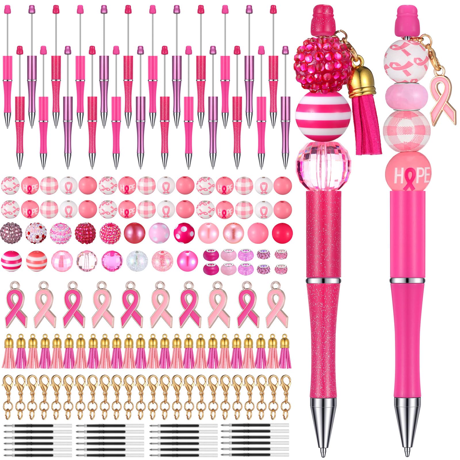 Photo 1 of 24 Pcs Breast Cancer Awareness Pink Beadable Pens Bead Ballpoint Pen Plastic Black Ink DIY Pens 60 Colorful Beads 24 Tassel 10 Ribbon 24 Lobster Clasps for Women Girls Students Teacher Office School