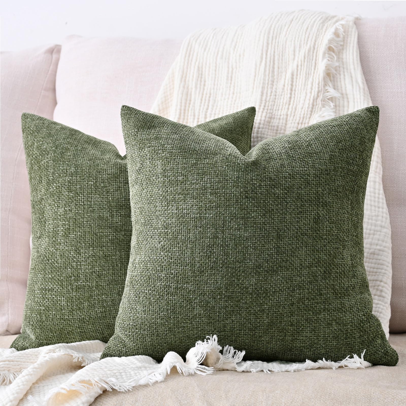 Photo 1 of Cozoomy Set of 2 Chenille Linen Decorative Throw Pillow Covers 20x20 Inch Textured Farmhouse Pillow Covers for Bed Couch Sofa Living Room Rustic Cushion Cases, Olive Green