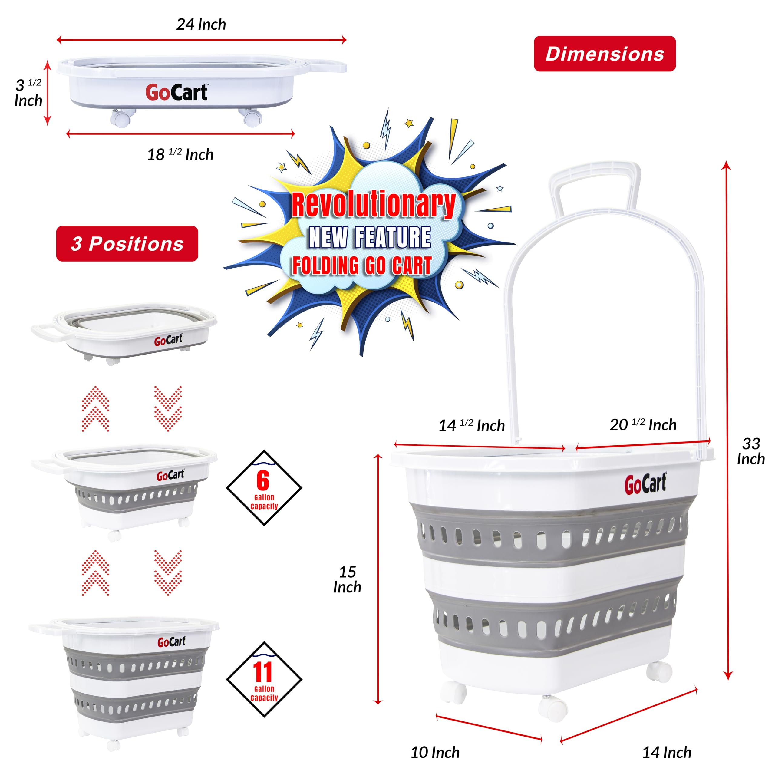 dbest products Folding Gocart Laundry Basket with Wheels, Multi Use Collapsible Grocery Shopping Cart, White