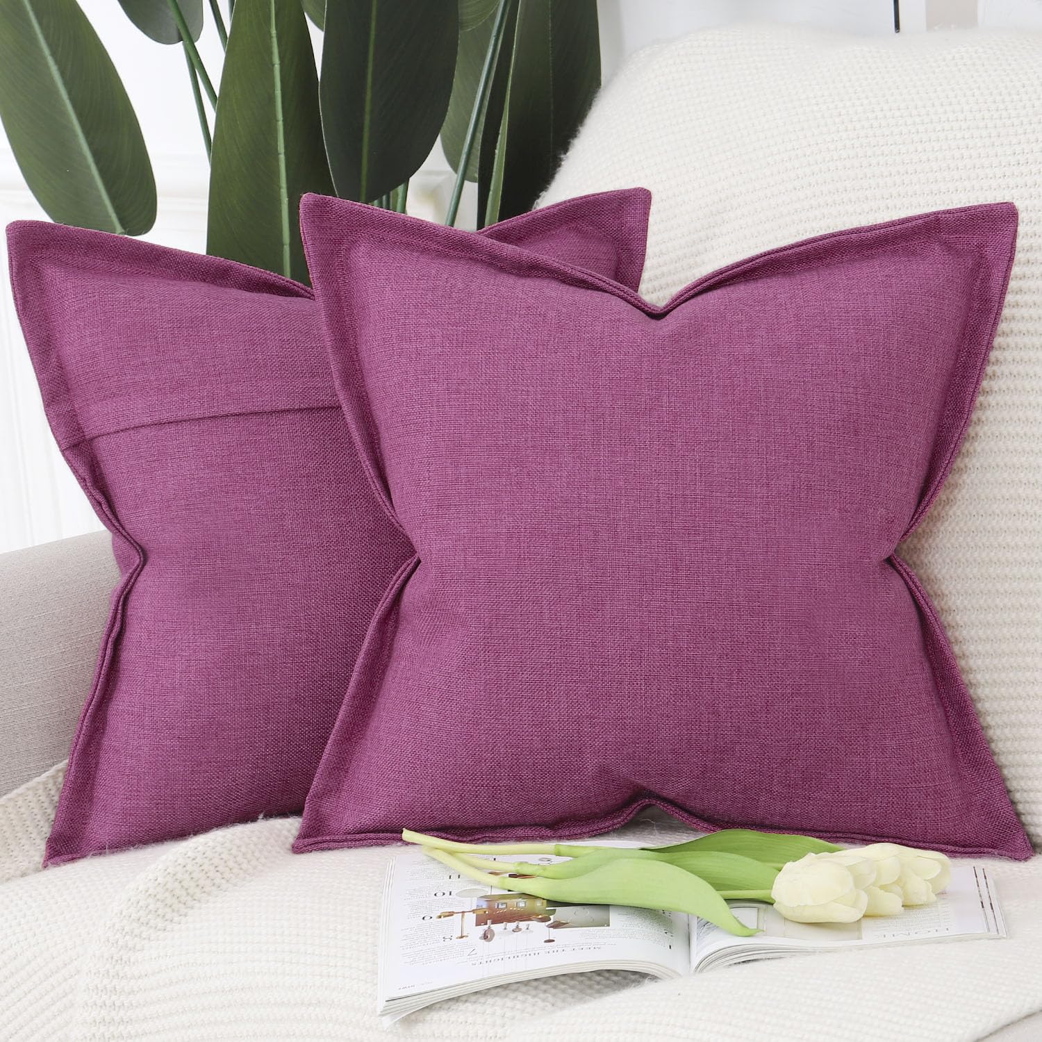 Madizz Set of 2 Faux Linen Cushion Covers with Broad Edge Soft Boho Decorative Pillow Cases for Sofa Bedroom Modern Pillow Shell 18x18 inch, 45x45 cm Fuchsia