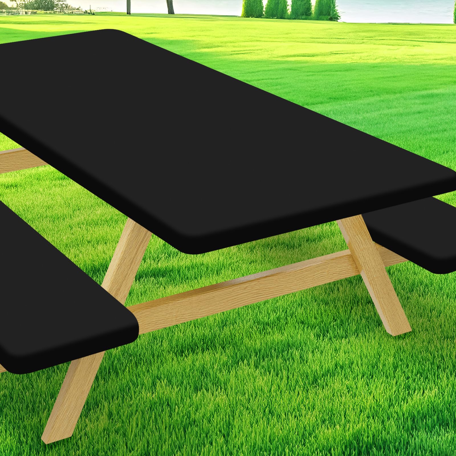 Photo 1 of * Missing seat covers*Moosfor Picnic Table Cover with Bench Covers, Elastic Fitted Spandex Tablecloths for 6 Foot Rectangle Tables, Stretch Washable Patio Tablecloth for Outdoor, Camping (Black, 30"x72")
