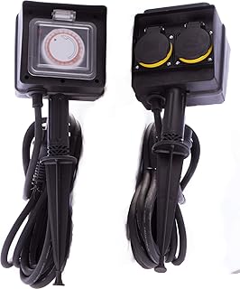 JL Gartensteckdose, Außensteckdose mit Erdspieß, Kinderschutz, Schutzklasse IP44, wasserfestes Gehäuse - H07RN-F 3G1,5 Kabel, Sicherheitsgeprüft mit GS Siegel (2-fach 5m mit Schaltuhr)