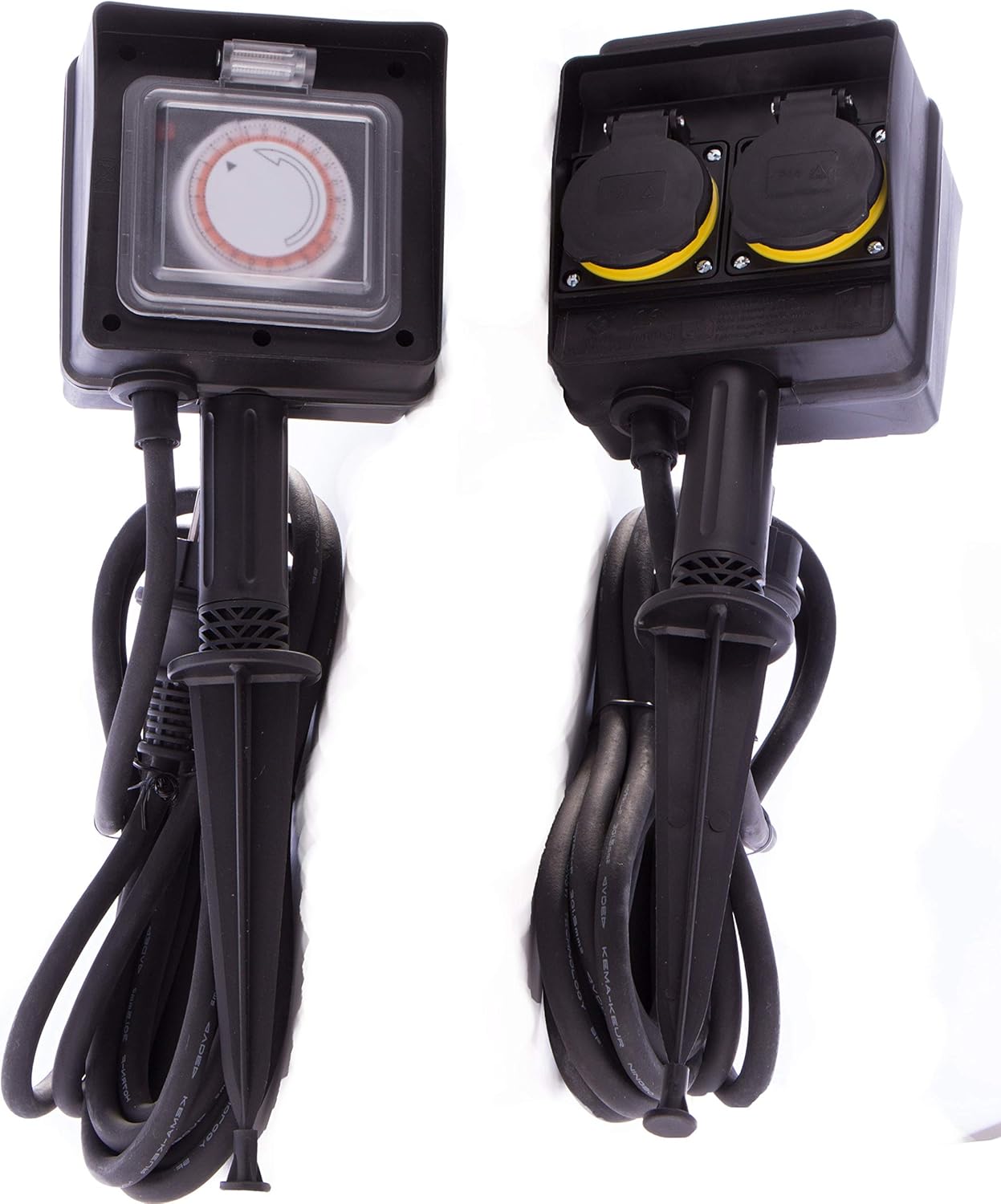 JL Gartensteckdose, Außensteckdose mit Erdspieß, Kinderschutz, Schutzklasse IP44, wasserfestes Gehäuse - H07RN-F 3G1,5 Kabel, Sicherheitsgeprüft mit GS Siegel (2-fach 5m mit Schaltuhr)