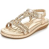 Wiradoo Women's Comfortable T-Strap Sandals - Extra Cushioned Bohemian Flat Shoes with Rhinestones & Beads for Walking, Beach, Wedding