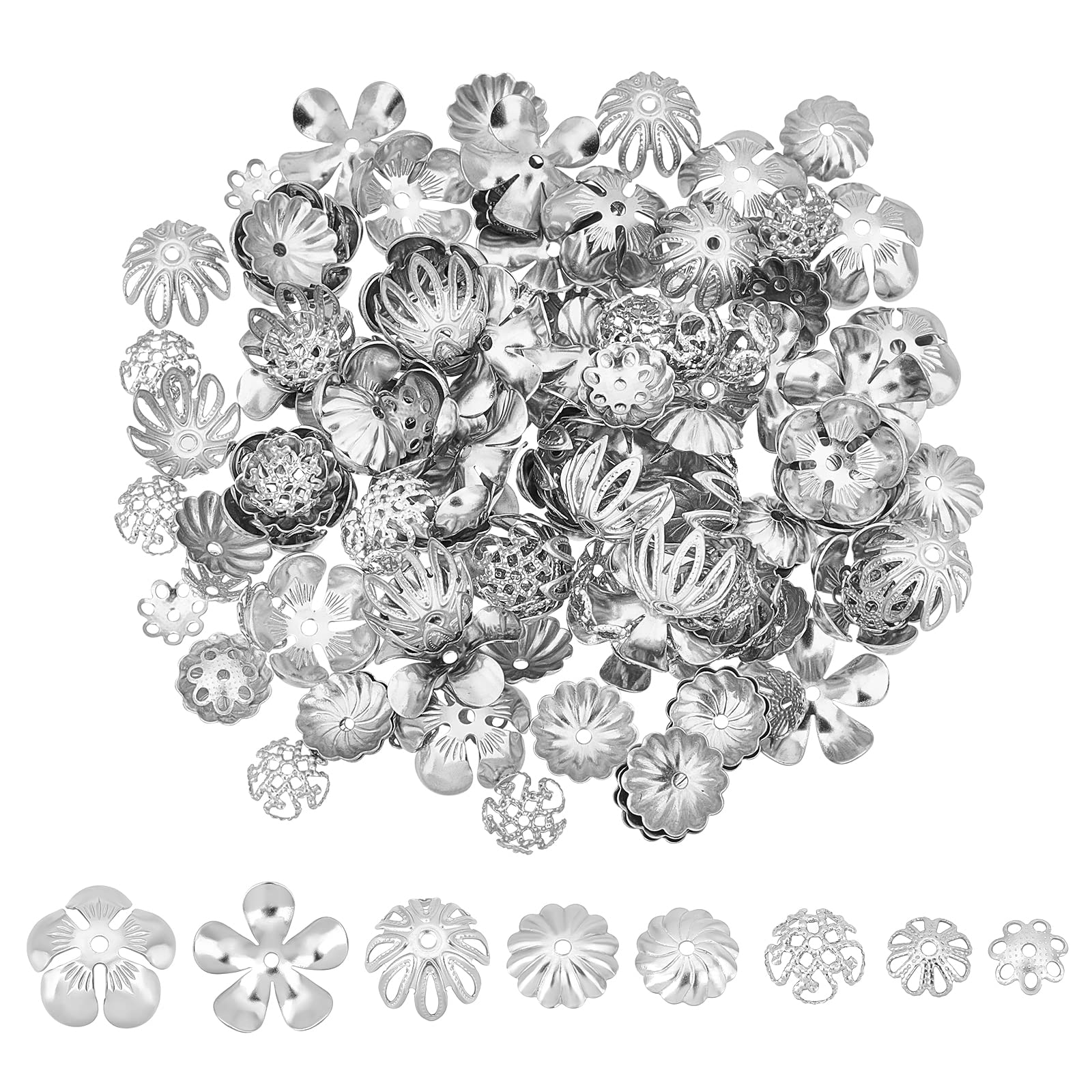 UNICRAFTALE 160Pcs Stainless Steel Flower Bead Caps 7-15mm Filigree Metal Spacer Hollow End Caps for Bracelet Necklace Jewelry Making