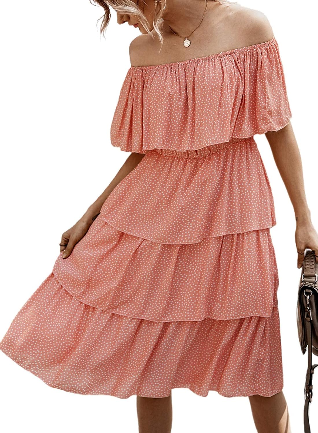 FOBEXISS Women's Fashion Off Shoulder Short Sleeve Polka Dot Print Midi