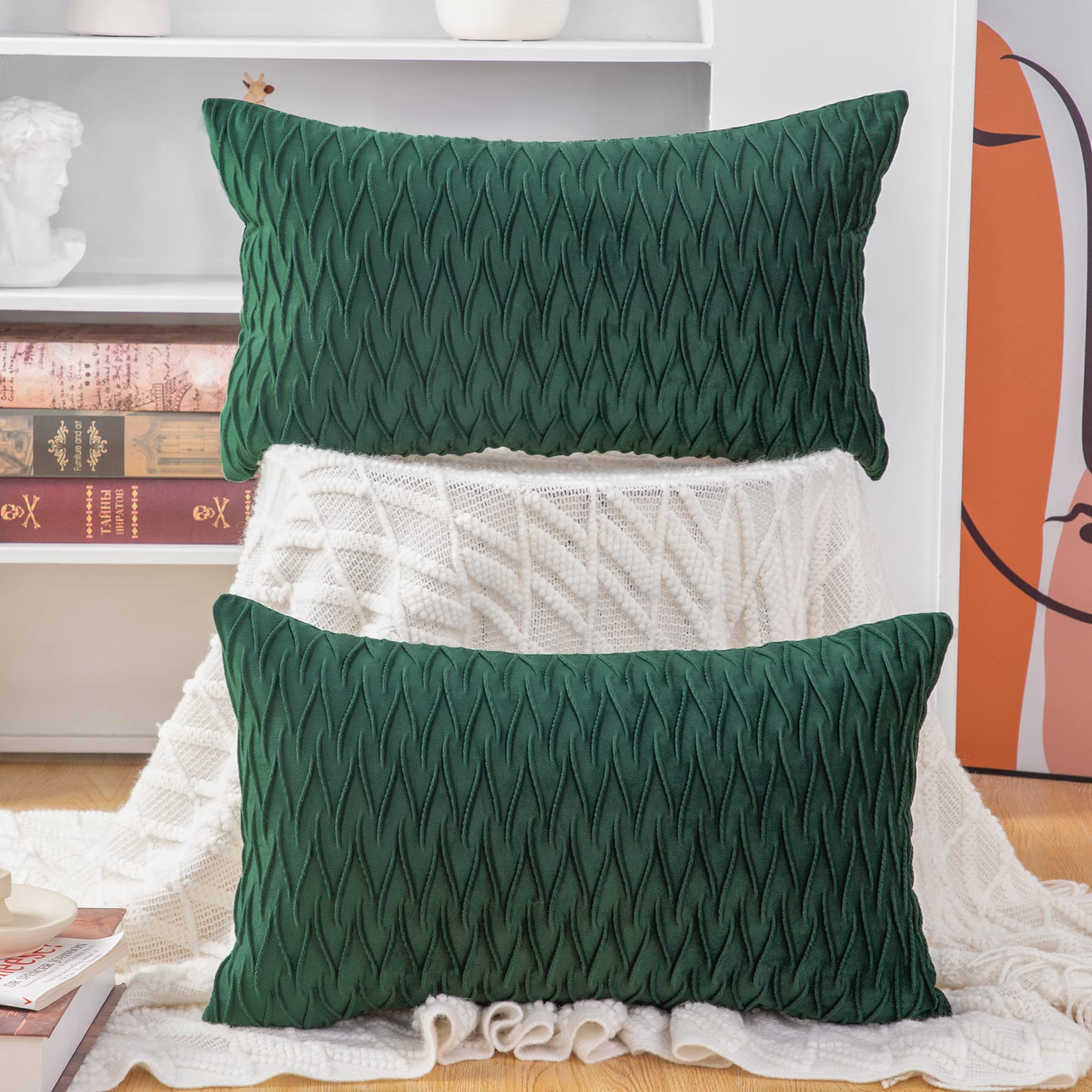 Madizz Pack of 2 Super Soft Velvet Decorative Cushion Covers with Texture Luxury Style Throw Pillow Cases Pillow Shell for Sofa Bedroom Army Green 12x20 inch Rectangular