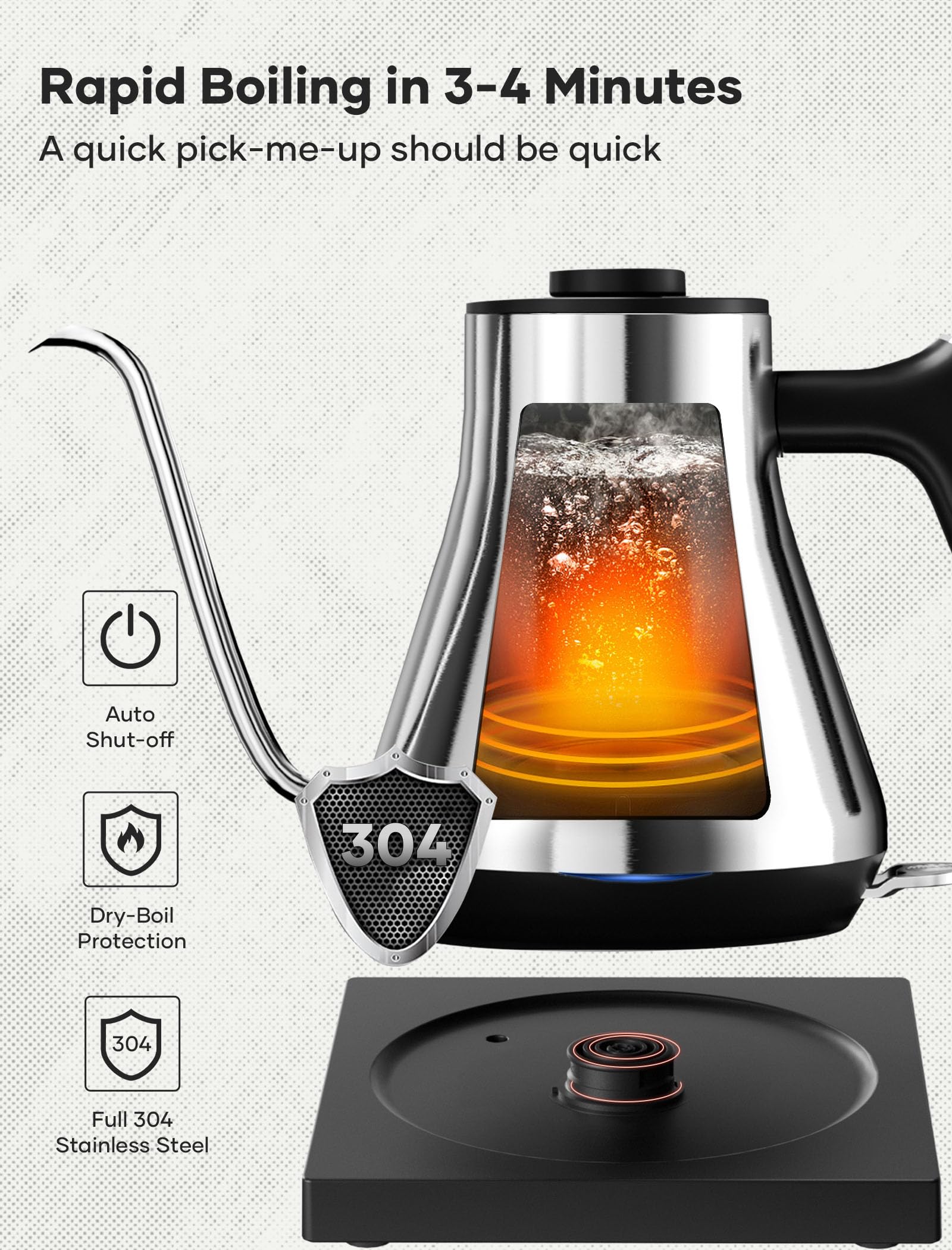 Gooseneck Electric Kettle, Offacy Gooseneck Kettle with 100% Food Grade 304 Stainless Steel, Pour Over Kettle & Coffee Kettle, Tea Kettle 1200 Watt Quick Heating, 0.9L, Siver - Image 3