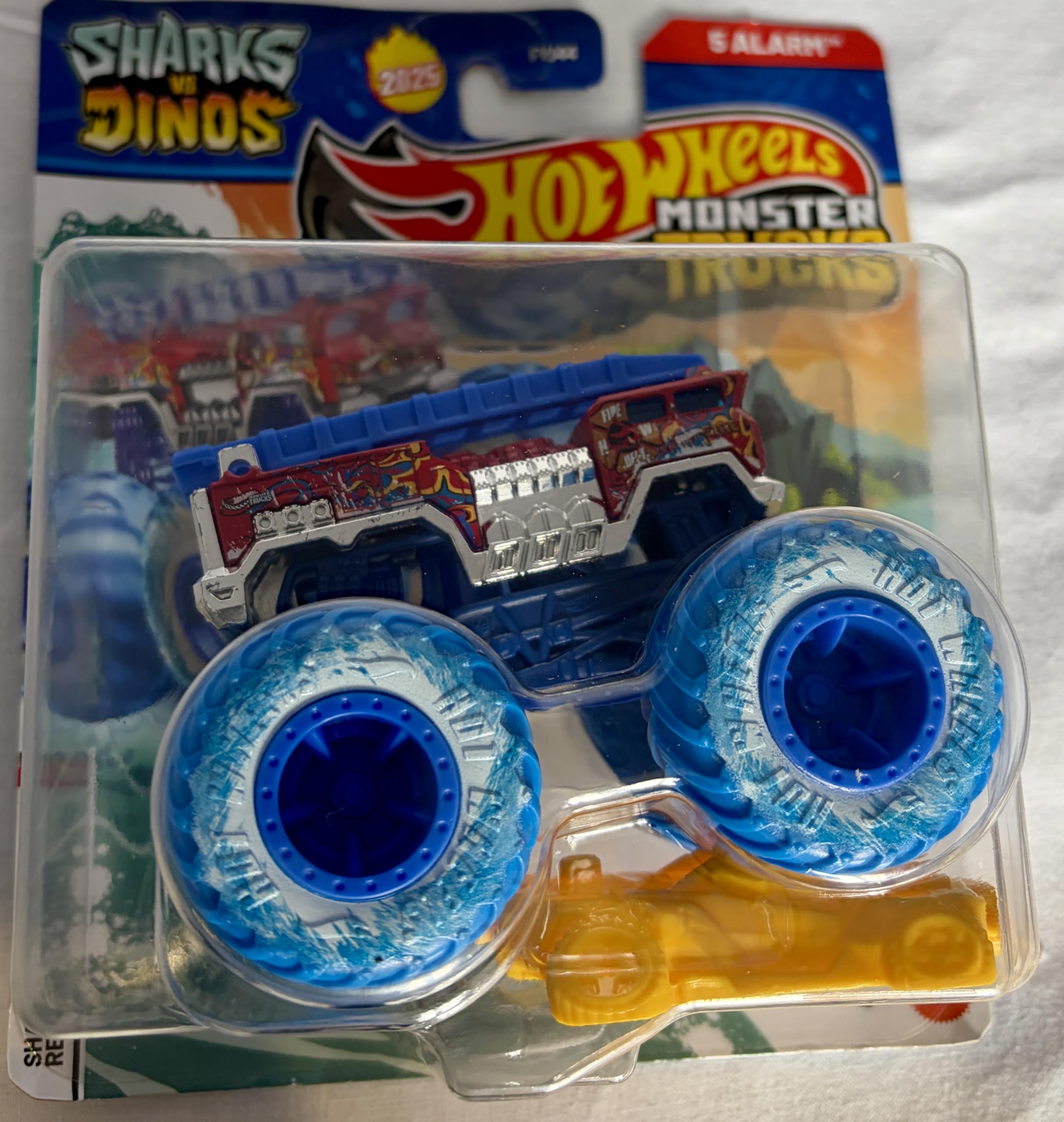 Hot Wheels Monster Trucks Sharks Vs. Dinos Team Shark 5 Alarm, 6/8, Includes Crushed Car, New for 2025! 1:64 Scale Diecast Toy Vehicle