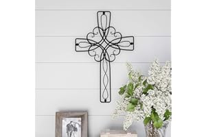 Lavish Home Metal Wall Cross with Decorative Floral Scroll Design- Rustic Handcrafted Religious Wall Art for Décor in Living Room, Bedroom, More