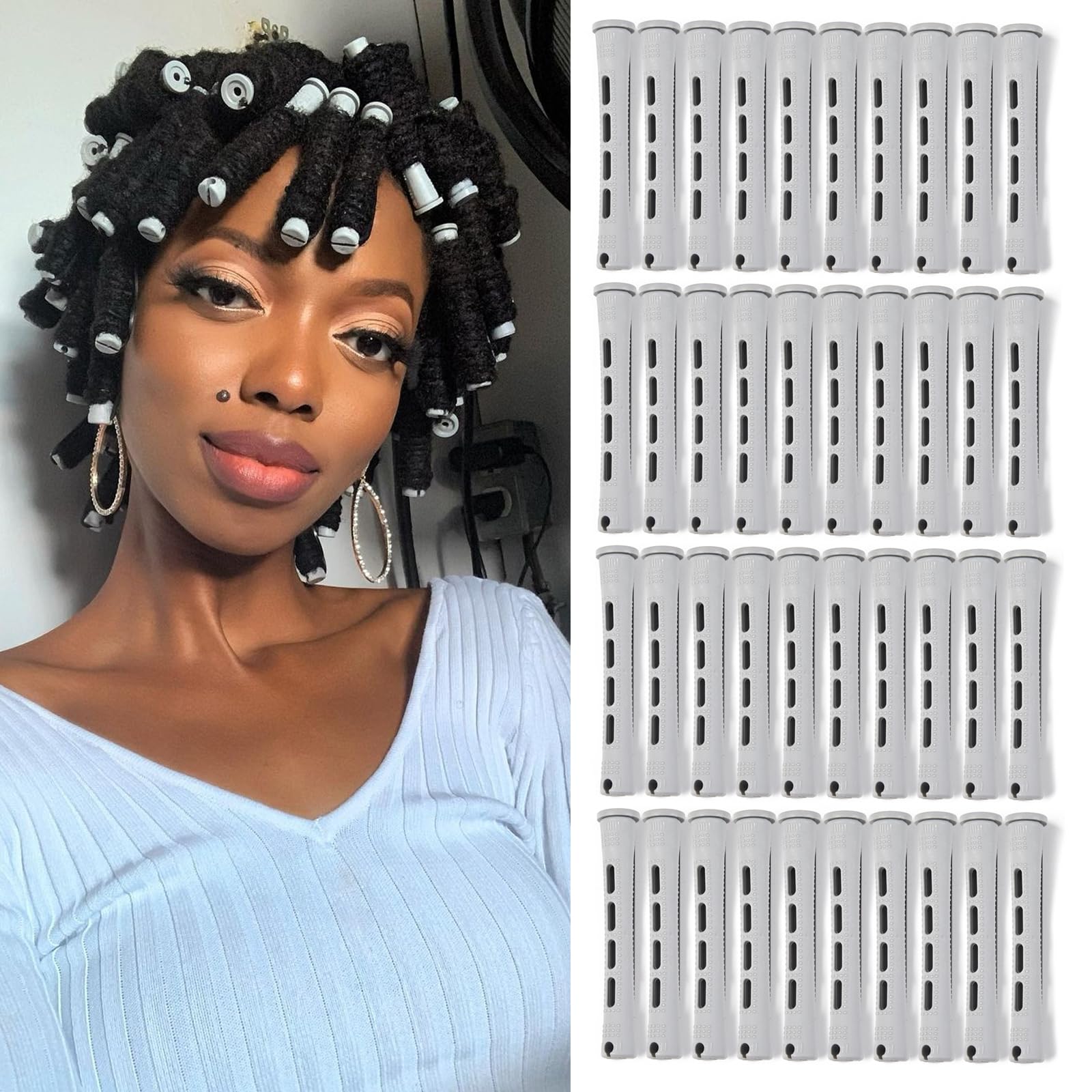 Photo 1 of Perm Rods Set for Short Natural Hair 40pcs Gray Plastic Cold Wave Rods Hair Curling Rollers with Steel Pintail Comb Rat Tail DIY Hairdressing Tools?40pcs Gray?