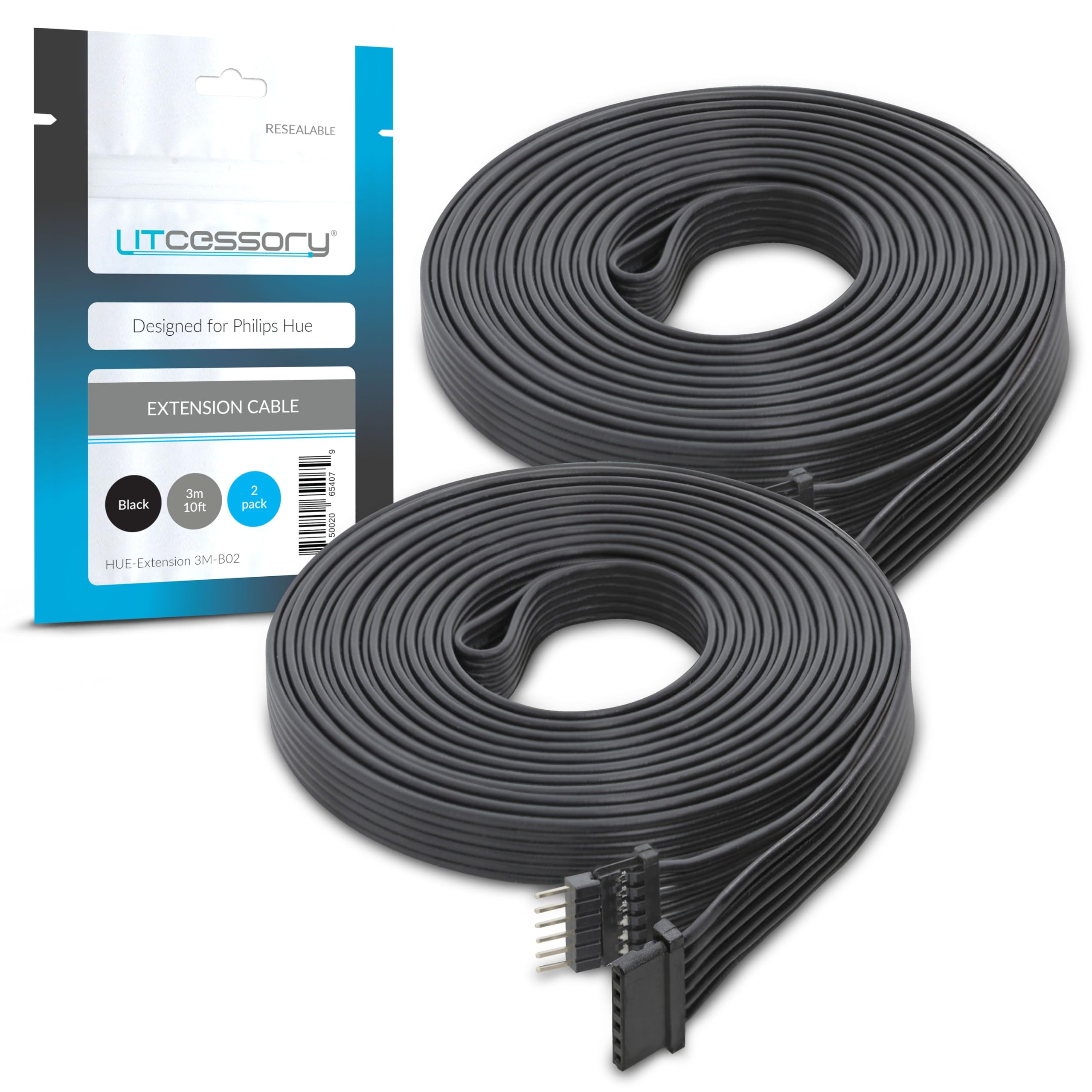 Litcessory Extension Cable for Philips Hue/Solo Lightstrip (3m, 2 Pack, Black - MICRO 6-PIN V4 / Solo Lightstrip)