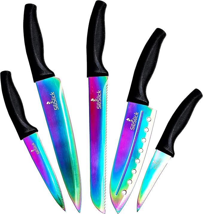 Kitchen Knife Set | 5 Colorful Rainbow Titanium Coated Knives Chef