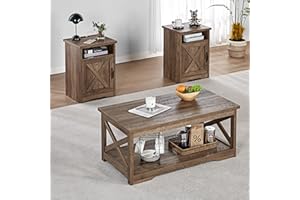 AMERLIFE 3-Piece Farmhouse Table Set Includes Coffee Table& Two End Tables, Side Table with Charging Station and USB Ports, for Living Room, Barnwood