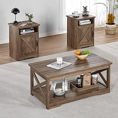 AMERLIFE 3-Piece Farmhouse Table Set Includes Coffee Table& Two
