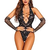 RSLOVE Sexy Lingerie for Women Bodysuit - Womens Fishnet Teddy Outfits Mesh Rhinestone Lingerie Set Cut Out Exotic Nightwear