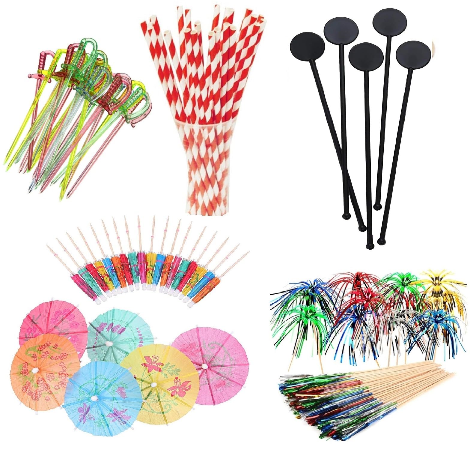 99 Piece Cocktail Party Decoration Drinks Accessory Pack With Umbrellas, Sparkle Sticks, Stirrers and Biodegradable Straws BBQ