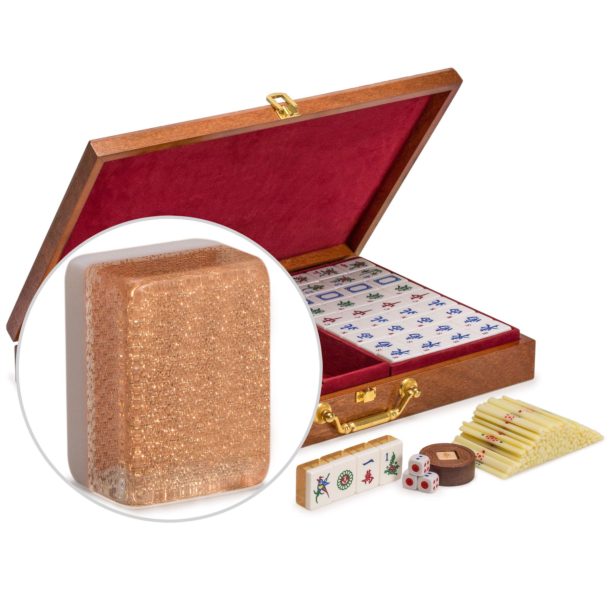 Photo 1 of Yellow Mountain Imports Classic Chinese Mahjong Game Set, Champagne Gold - with 148 Medium Size Tiles and a Wooden Case - for Chinese Style Game Play
