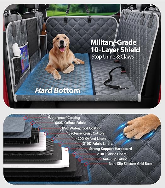 PETGENIE DOG CAR SEAT COVER FOR BACK SEAT 10-LAYER MILITARY-GRADE PROTECTION, HARD BOTTOM DOG HAMMOCK, PET BED EXTENDER FOR DOGS, WATERPROOF SEAT PROTECTOR UNIVERSAL XL SIZE FITS FOR SUV MEDIUM TRUCK