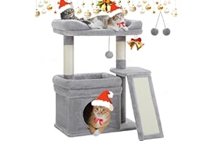 PEQULTI Small Cat Tree Tower for Large Adult Cats with Wide Top Perch, Private Cat Condo and Sisal Scratching Post&Pad for Indoor Cats, Gray