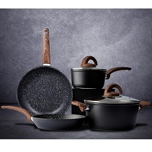 Vkoocy Nonstick Kitchen Cookware Set, Pots and Pans Set Healthy Induction Granite Cooking Set w/Frying Pans, Saucepans, Casserole, Dishwasher Safe, Black (PFOS, PFOA Free)