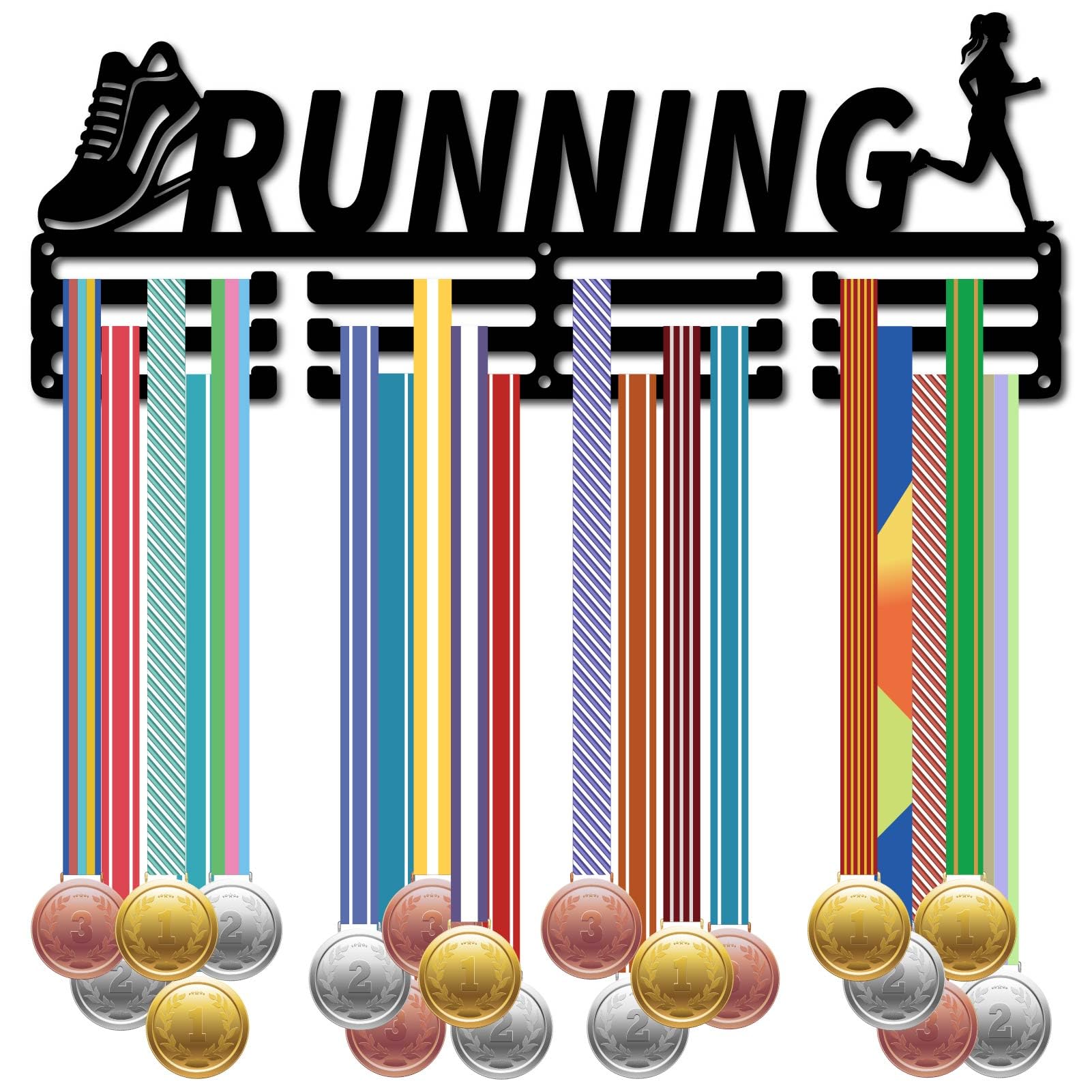 CREATCABIN Running Medal Holder Medal Display Hanger Rack Medal Wall Mount Frame Shelf Sports Hanger Black Wall Decor Medal Organizer Rack for Women's Running Success Celebration Ribbon 15.7 x 6Inch