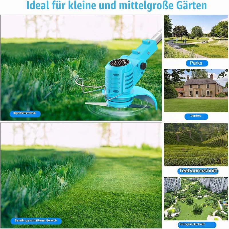 Rasentrimmer mit Akku 21V, Freischneider mit 2 Akkus 2.0Ah, 2 Arten von Metal Klingen Akku Rasentrimmer, Gartenschere, Verstellbarer Griff für Rasen Garten Beschneiden, Blau (Blau)