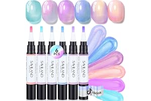 SAVILAND One-Step Gel Nail Polish Pens Set: 6 Pearl Pink Blue Colors 3 in 1 Gel Polish Set Base & Color Gel & Top in a Pen for Aurora Effect Easy to Use Travel 4ml (U V Lamp Needed)