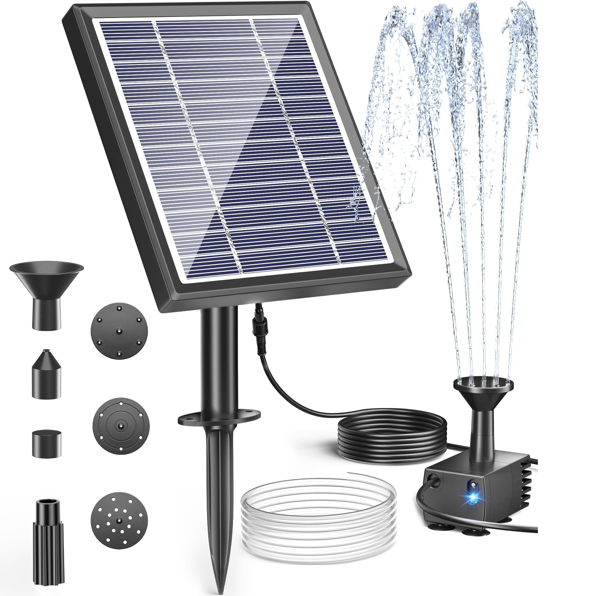 Biling Solar Water Fountain for Bird Bath, 2.5W Solar Powered Water Pump with 4ft Tubing DIY Water Features for the Garden, 6 Nozzles Solar Pond Pump for Hummingbird Bath, Small Pond and Fish Tank