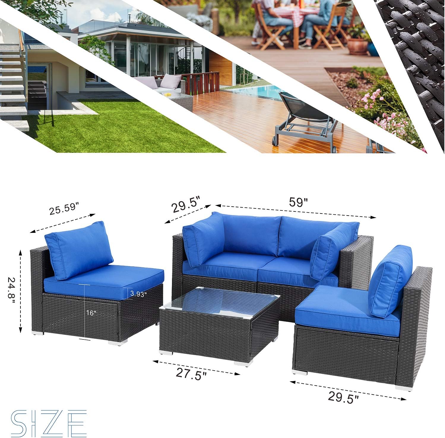 Shintenchi Outdoor Patio Furniture 5 Pieces Sets, All Weather PE Wicker Rattan Patio Conversation Sofa Set Tea Table&Washable Couch Cushions for Backyard Porch Lawn Garden Balcony (Dark Blue) : Garden & Outdoor