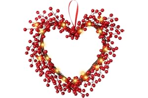 ANVAVO 16.5 Inch Valentine's Day Red Berry Wreath Heart Garland with 20 Lights Bulb Valentine Decoration for Indoor Outdoor Home Window Wall Farmhouse Holiday